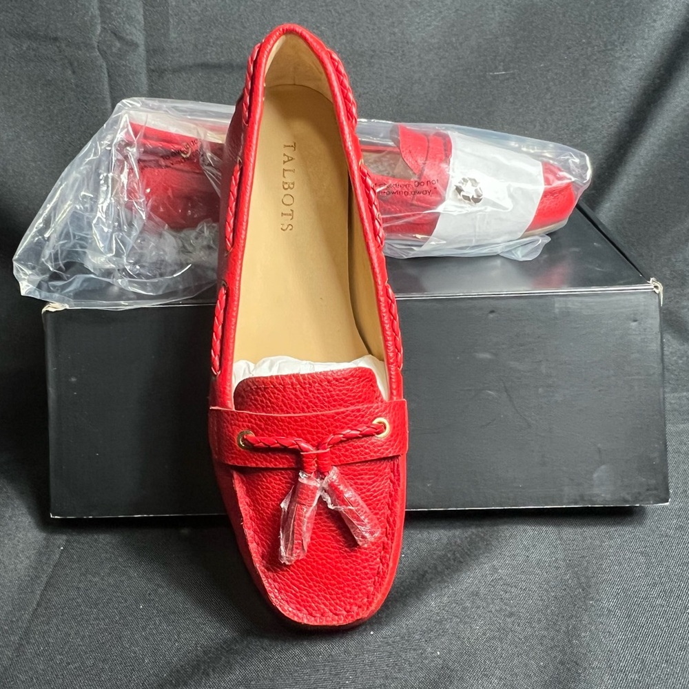 Talbots Everson Driving Moccasin- Red Pop Braid Pebbled Leather- Sz 8 - New